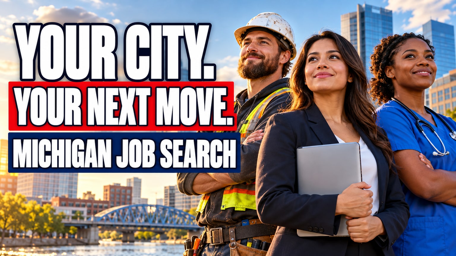 YOUR CITY. YOUR NEXT MOVE. MICHIGAN JOB SEARCH — AI-generated illustrative career image